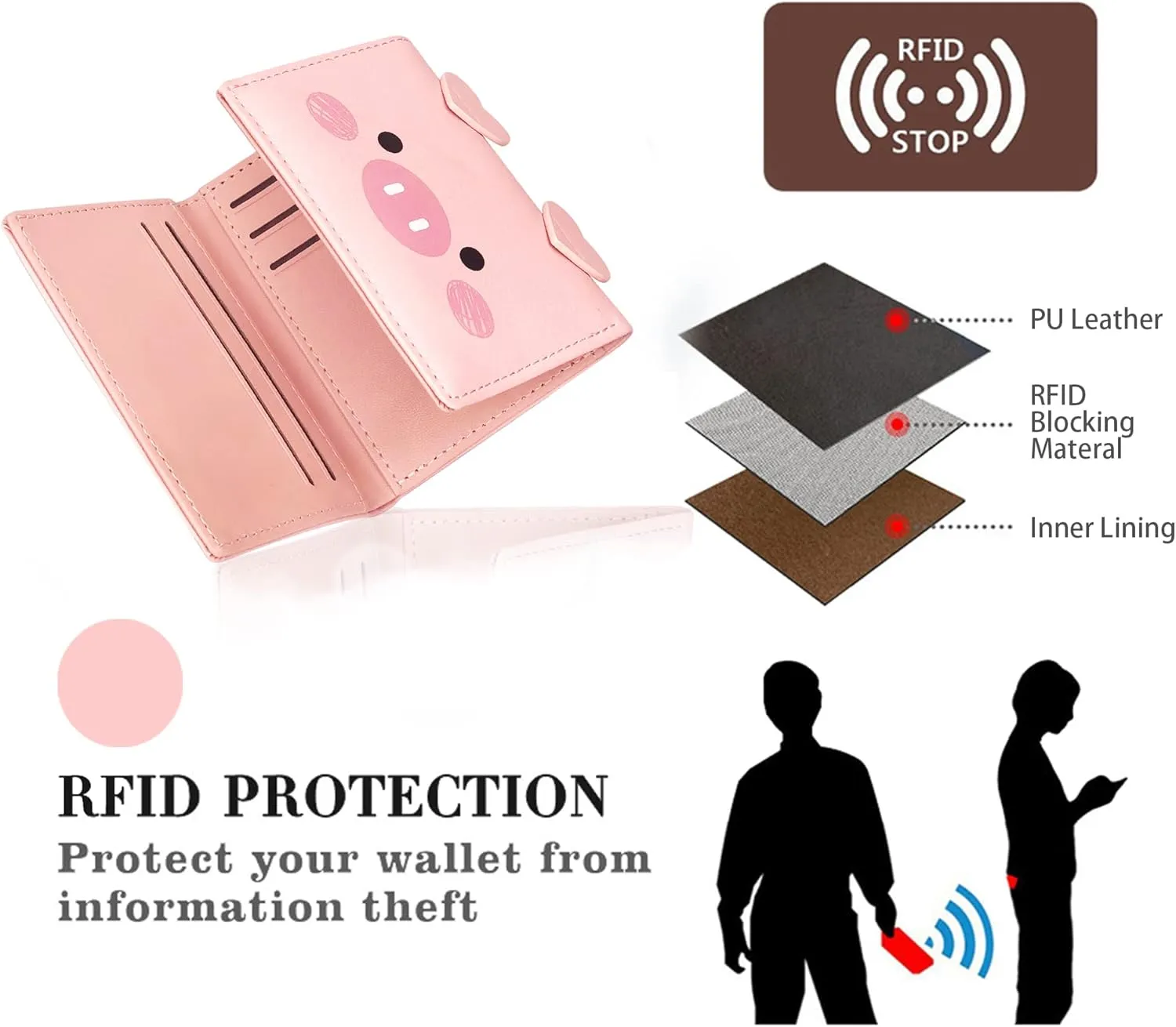 CONISY Cute Wallets for Women, Leather RFID Blocking Small Trifold Wallet with ID Window for Girls and Ladies Womens Wallet, Pink, Small, Casual