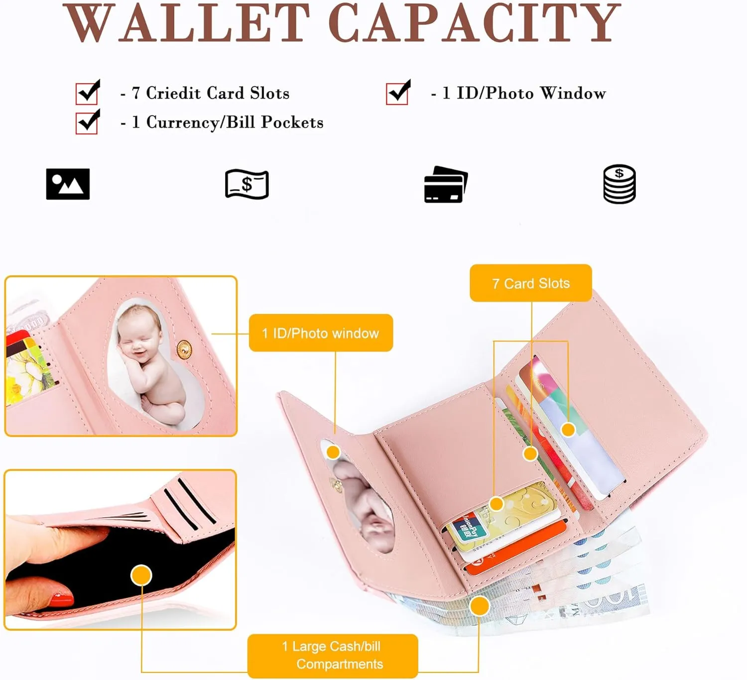 CONISY Cute Wallets for Women, Leather RFID Blocking Small Trifold Wallet with ID Window for Girls and Ladies Womens Wallet, Pink, Small, Casual