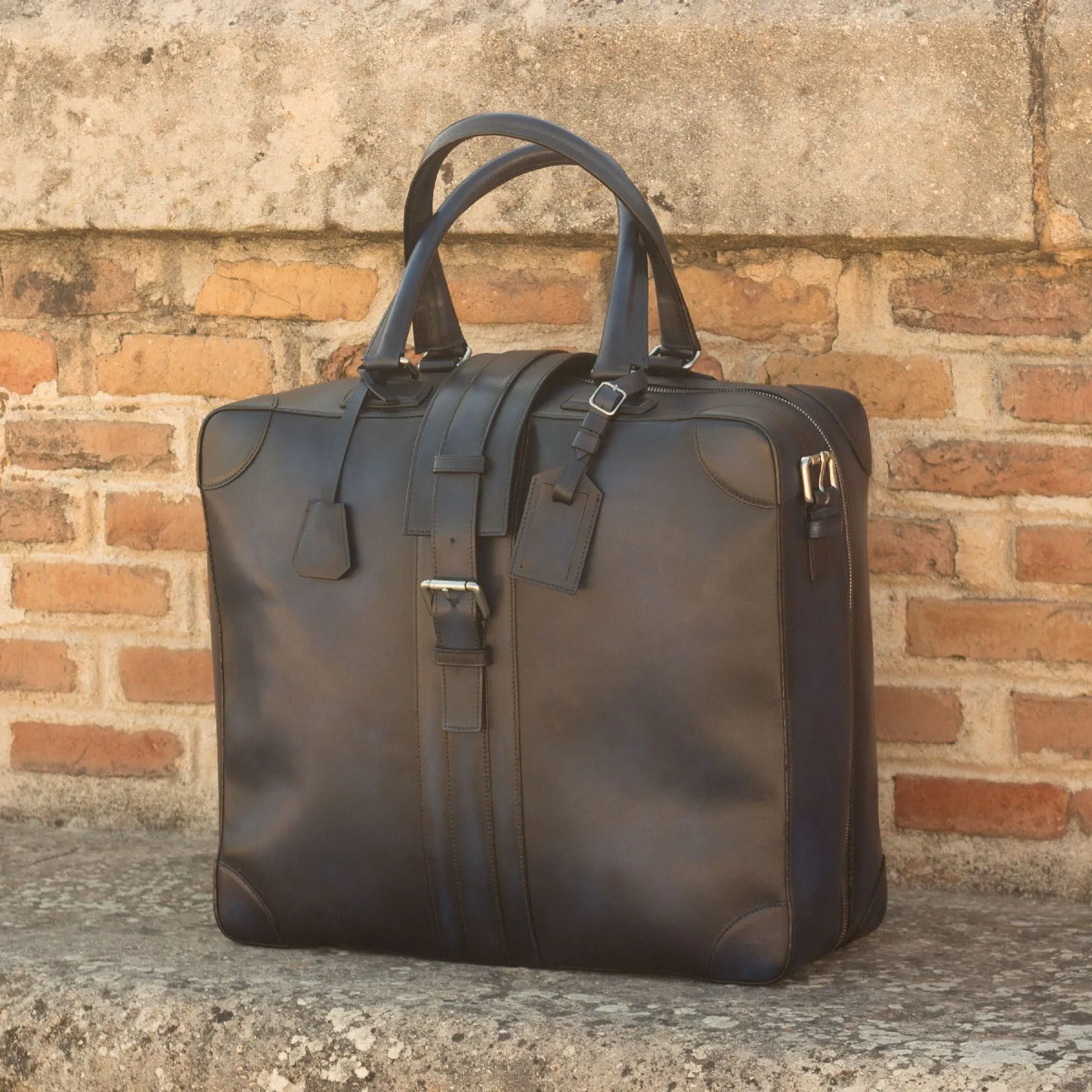 DapperFam Luxe Men's Travel Tote in Navy Painted Calf