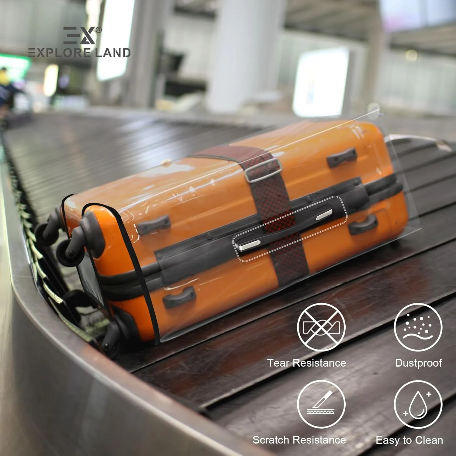 Explore Land Clear Luggage Cover Tough Protector Fits for 24 Inches Suitcase for Travel Airplane (PVC, M)
