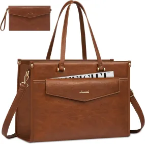 LOVEVOOK Laptop Bag for Women, 15.6 inch Vintage Leather Tote Bag Professional Work Purse for Women, Office Computer Briefcase with Clutch Purse, Business Handbag Shoulder Bag 2PCs