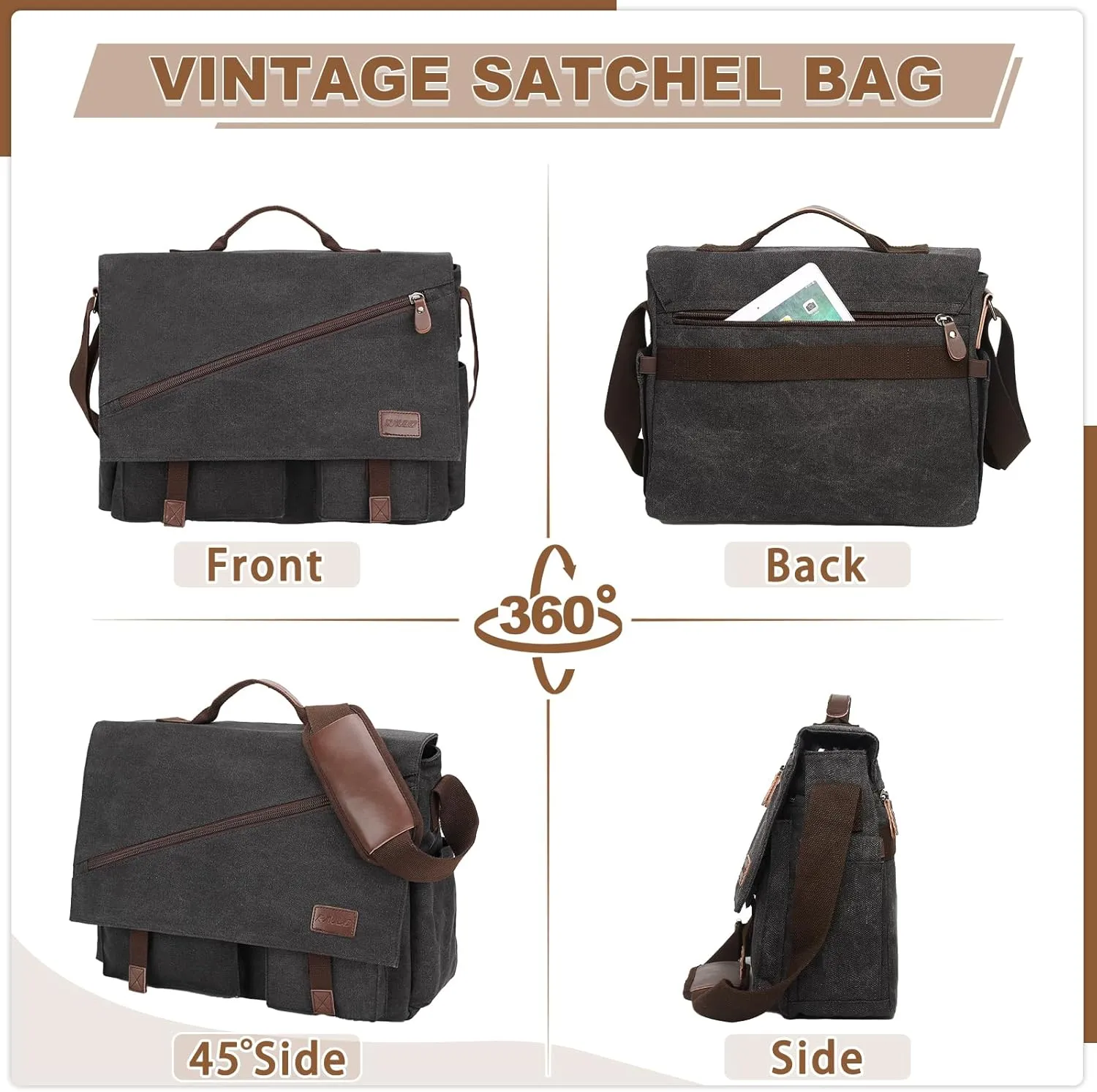 Messenger Bag for Men,Water Resistant Canvas Satchel 14 15.6 17 Inch Laptop Briefcases Business Shoulder Bag by RAVUO