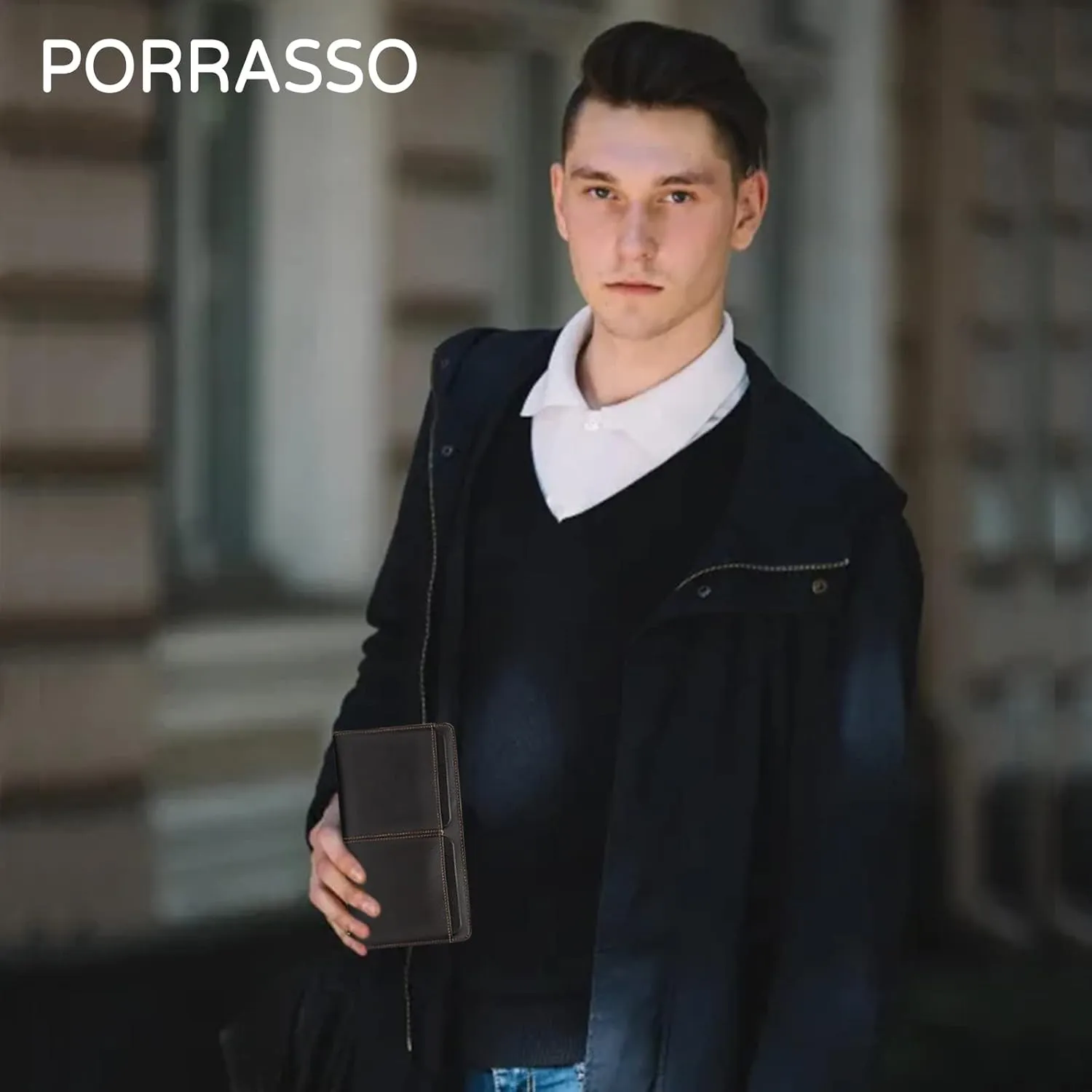 PORRASSO Leather Wallet Men's Clutch Bag Card Holder Cell Phone Purse Long Wallet with 11 Card Slots, Coffee, L, Casual