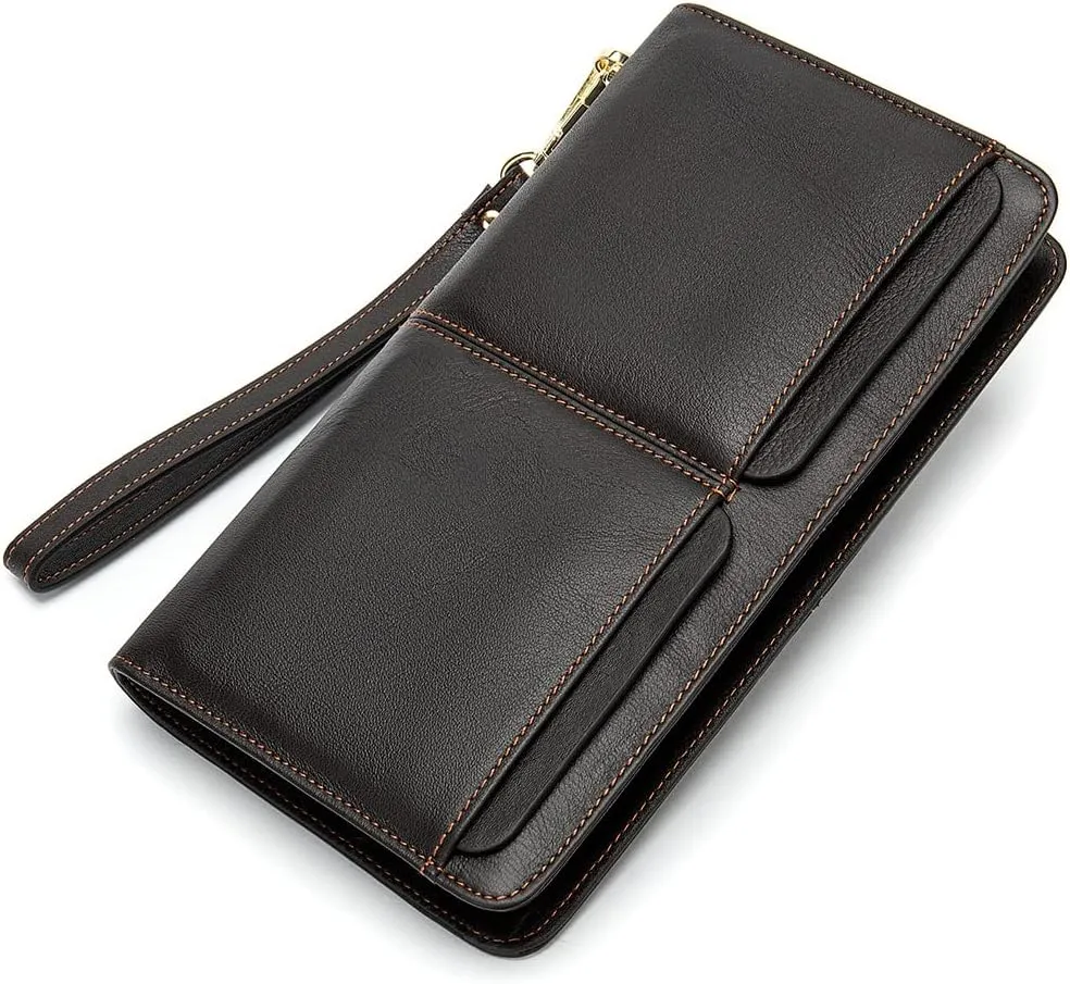 PORRASSO Leather Wallet Men's Clutch Bag Card Holder Cell Phone Purse Long Wallet with 11 Card Slots, Coffee, L, Casual