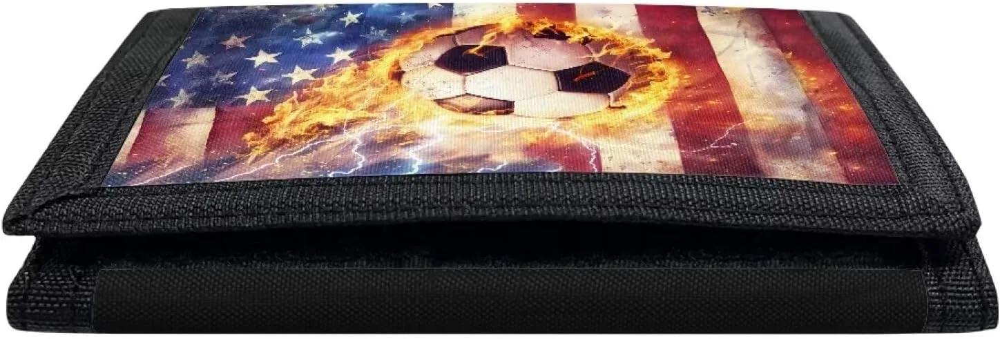 Rnyleeg Kids Wallet for Boys & Girls,Sport Theme Trifold Wallet with Coin Pocket,Cash Pocket Novelty Wallet for Childrens Gifts, American Flag Soccer, Casual