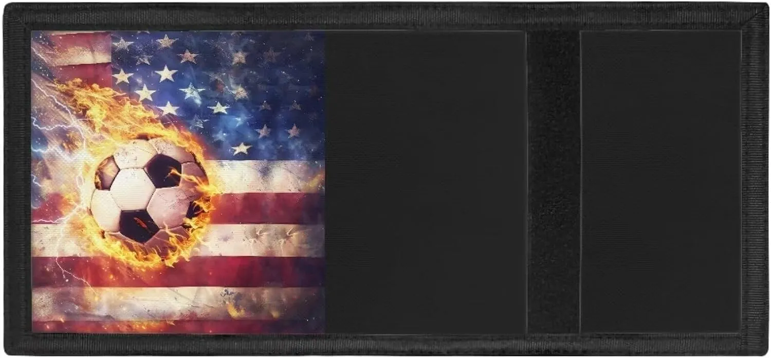Rnyleeg Kids Wallet for Boys & Girls,Sport Theme Trifold Wallet with Coin Pocket,Cash Pocket Novelty Wallet for Childrens Gifts, American Flag Soccer, Casual