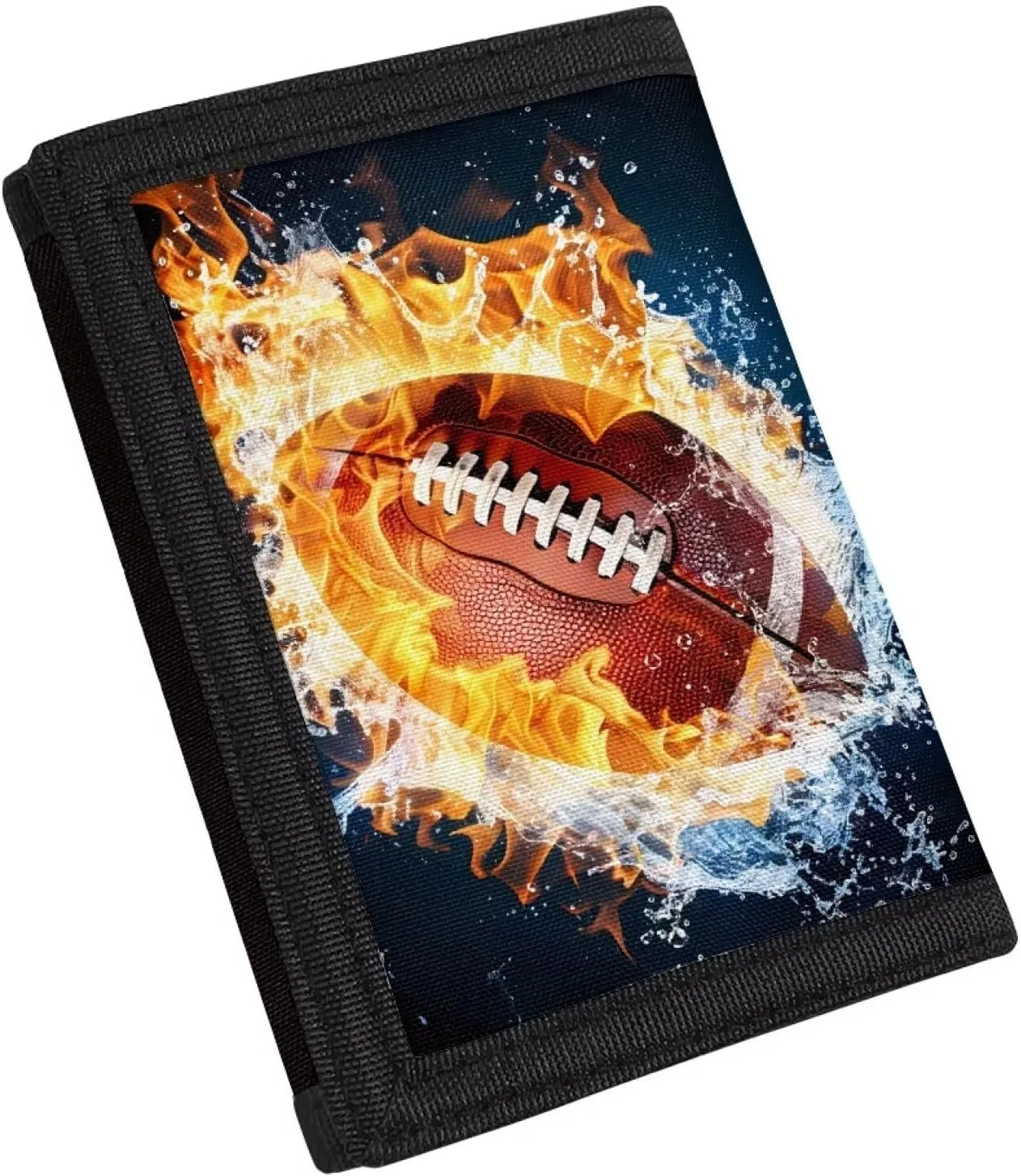 Rnyleeg Kids Wallet for Boys & Girls,Sport Theme Trifold Wallet with Coin Pocket,Cash Pocket Novelty Wallet for Childrens Gifts, Fire and Water American Football, Casual
