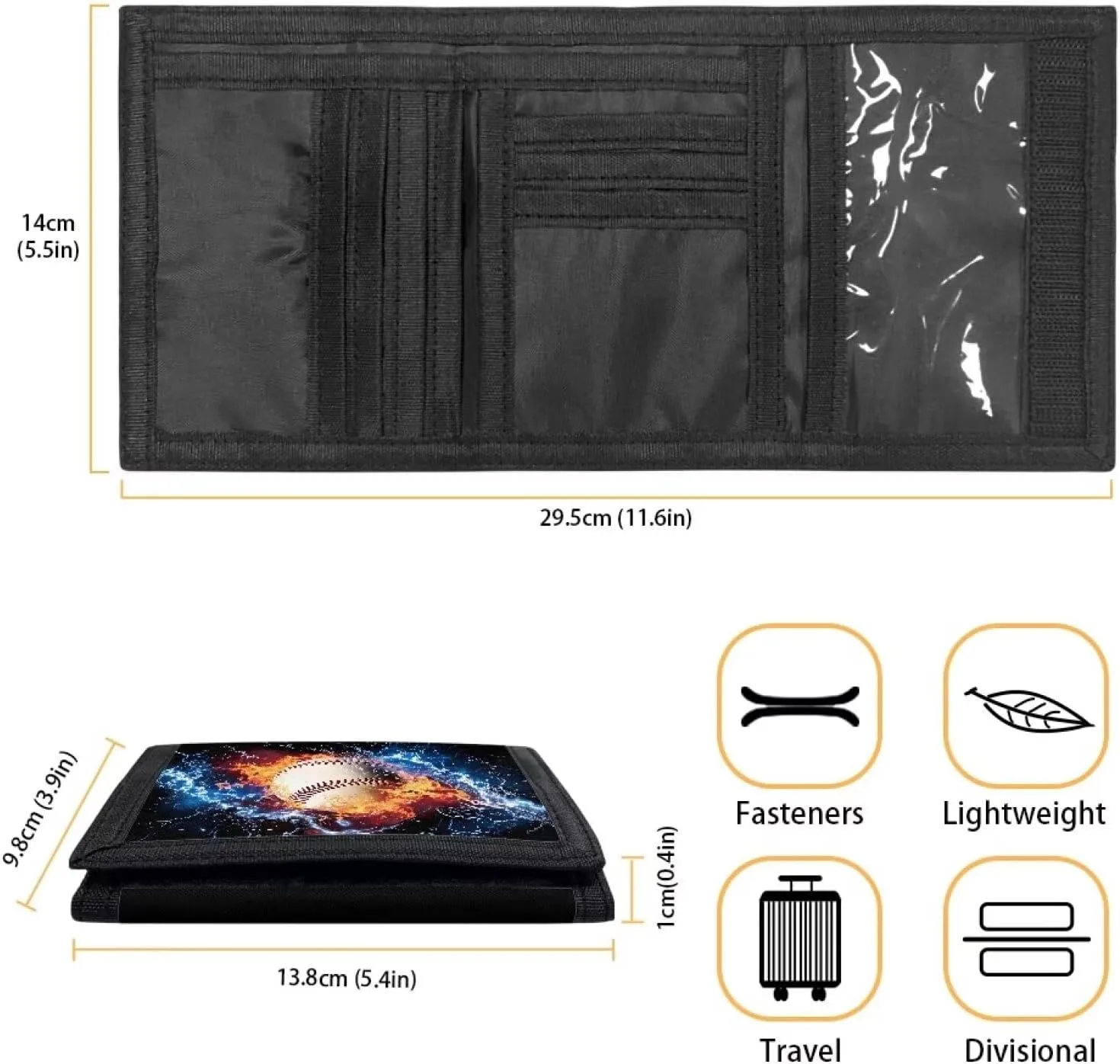 Rnyleeg Kids Wallet for Boys & Girls,Sport Theme Trifold Wallet with Coin Pocket,Cash Pocket Novelty Wallet for Childrens Gifts, Fire Flash Baseball, Casual