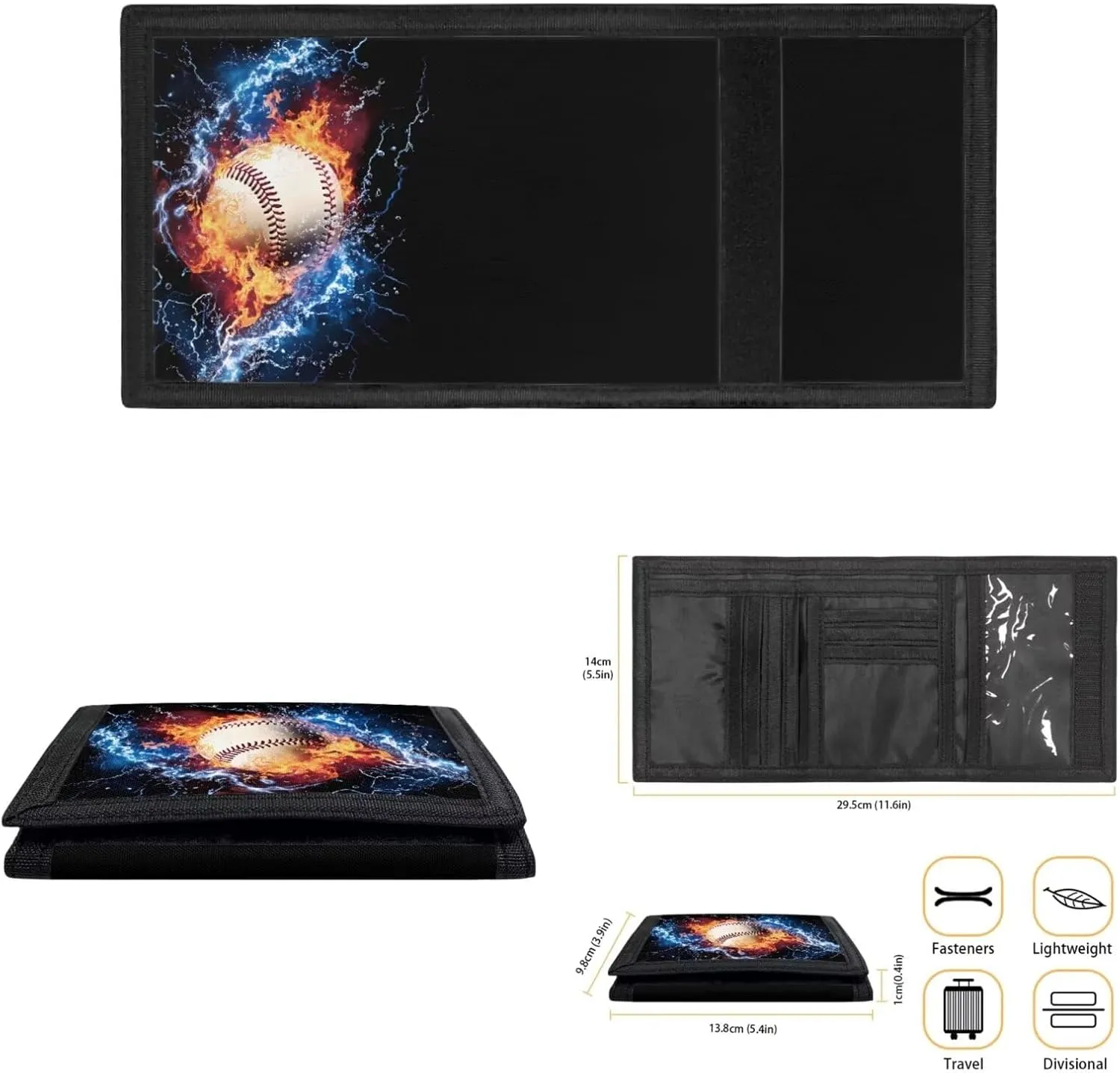 Rnyleeg Kids Wallet for Boys & Girls,Sport Theme Trifold Wallet with Coin Pocket,Cash Pocket Novelty Wallet for Childrens Gifts, Fire Flash Baseball, Casual