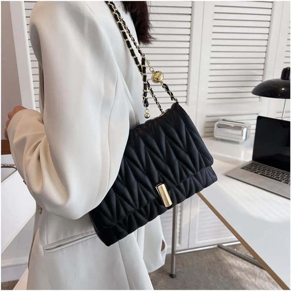 Stylish Quilted Leather Chain Shoulder Bag for Women - Fashionable Flap Crossbody Handbag & Clutch (White)