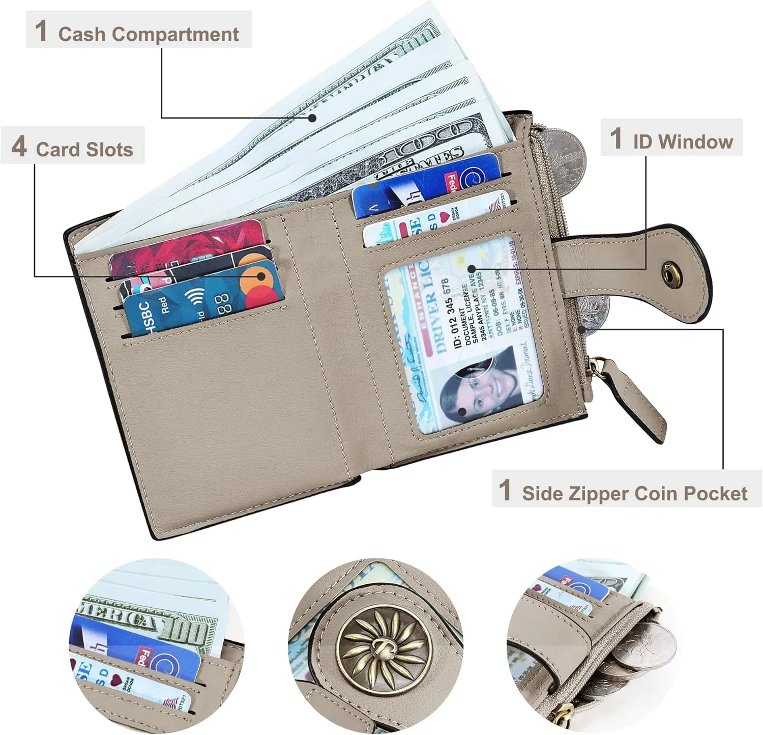 Tipmile Small Wallet for Women Bifold RFID Blocking Card Holder Leather Wallets with Zipper Coin Pocket, Khaki, Casual