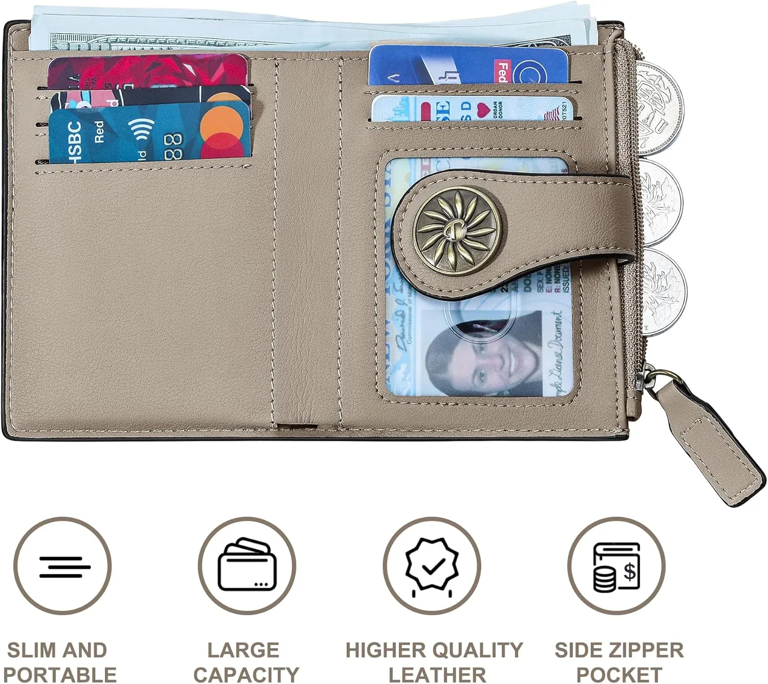 Tipmile Small Wallet for Women Bifold RFID Blocking Card Holder Leather Wallets with Zipper Coin Pocket, Khaki, Casual