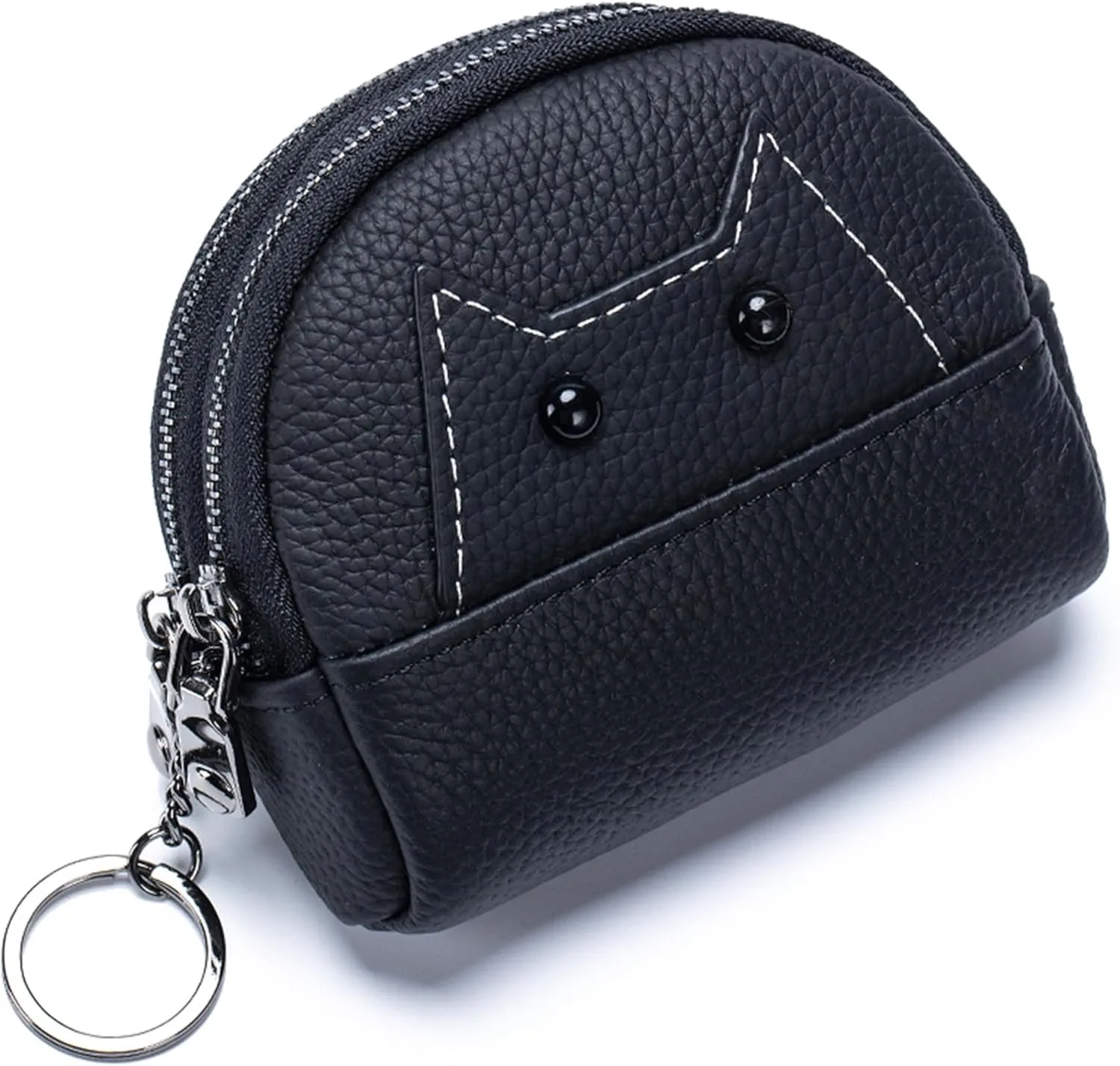 Women's Soft Leather Mini Coin Purse with KeyChain, Cute Cat Face Coin Pouch with Zipper for Women Fashionable Wallet Leather Classic Money Bag (Black)