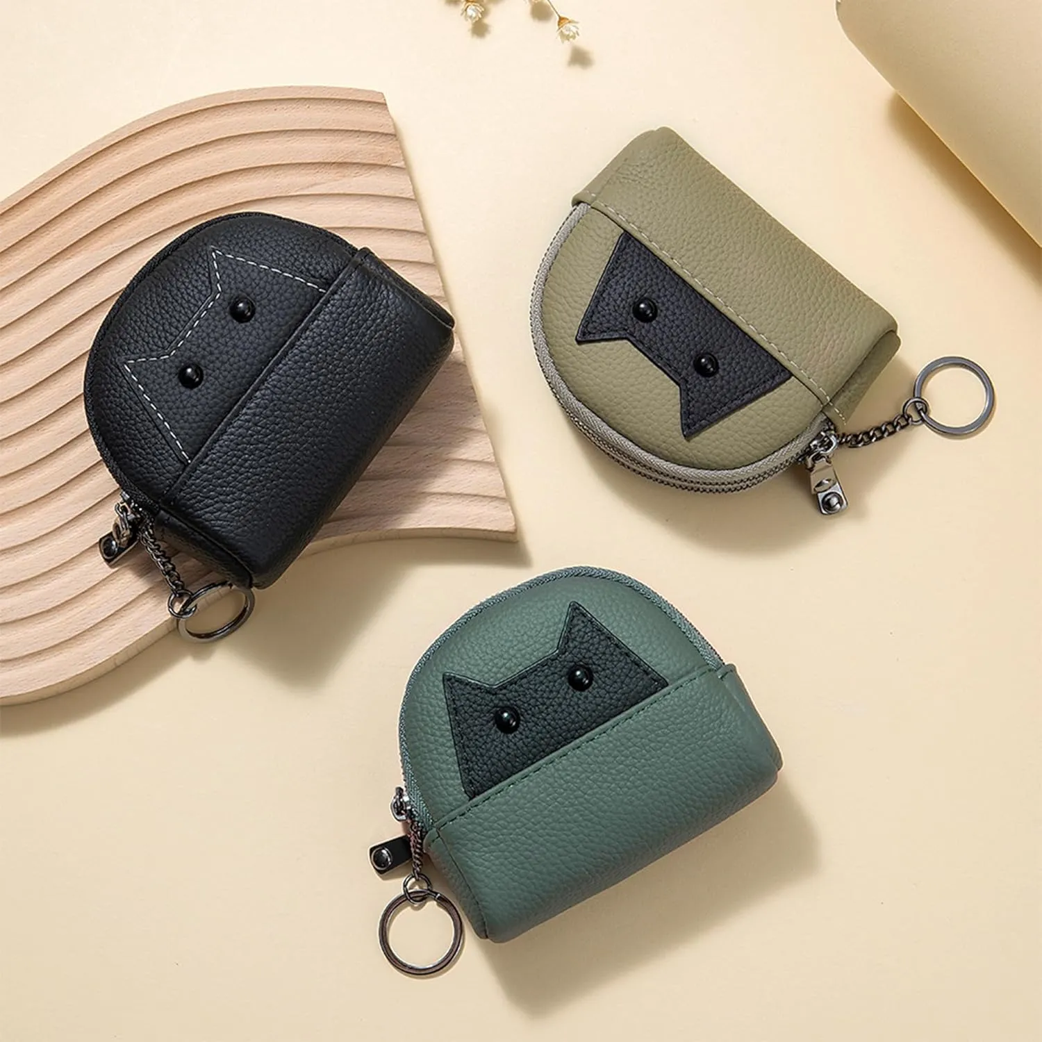 Women's Soft Leather Mini Coin Purse with KeyChain, Cute Cat Face Coin Pouch with Zipper for Women Fashionable Wallet Leather Classic Money Bag (Sea Green)