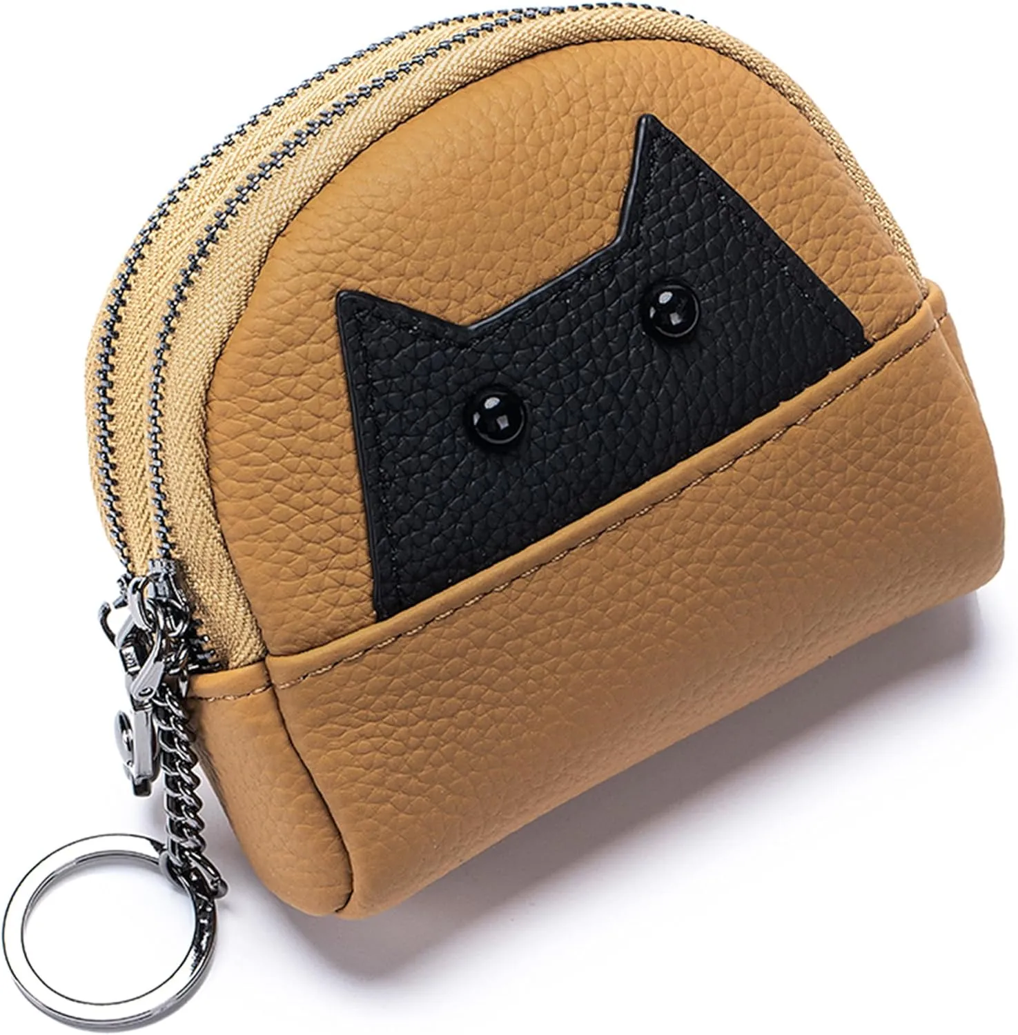 Women's Soft Leather Mini Coin Purse with KeyChain, Cute Cat Face Coin Pouch with Zipper for Women Fashionable Wallet Leather Classic Money Bag(Brown)