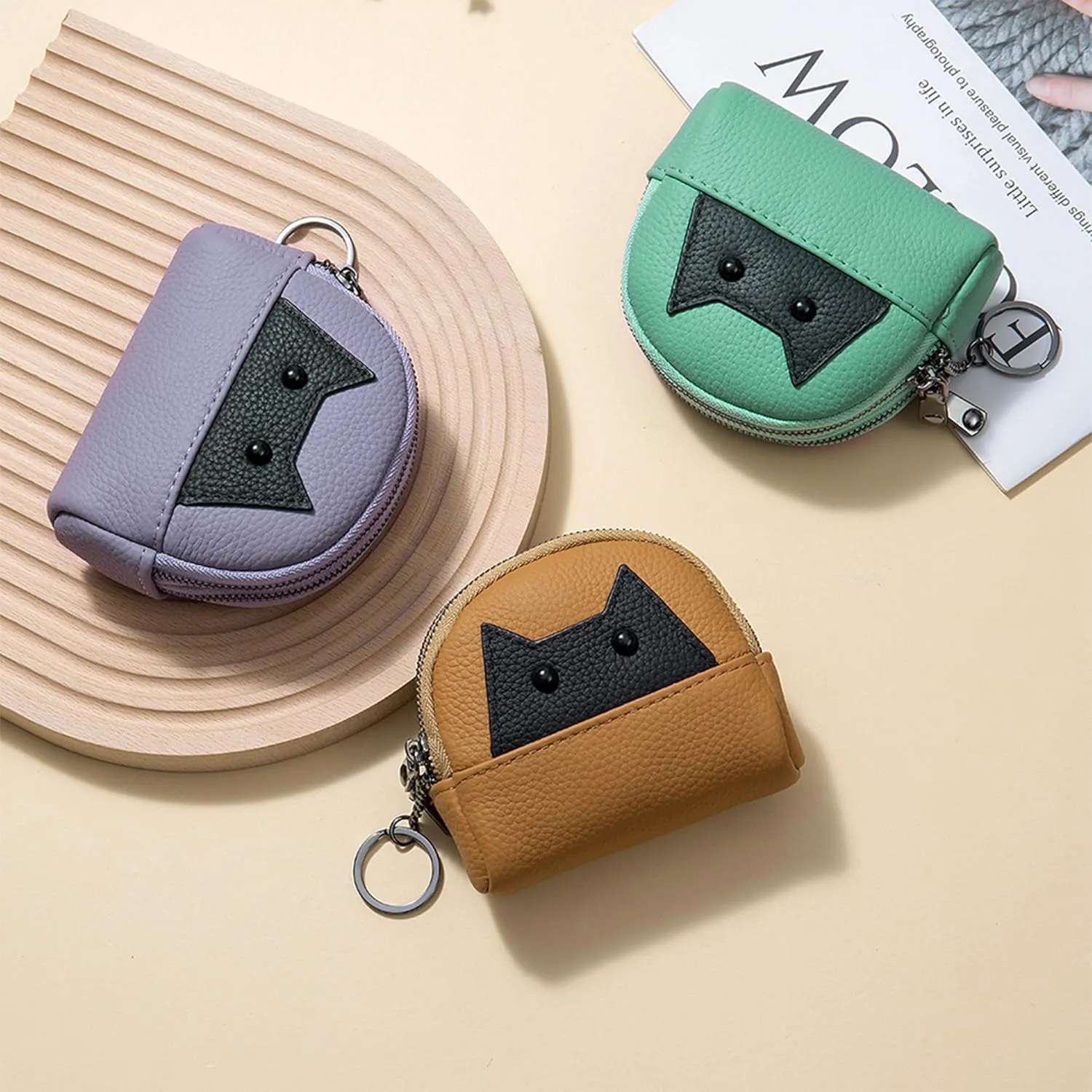 Women's Soft Leather Mini Coin Purse with KeyChain, Cute Cat Face Coin Pouch with Zipper for Women Fashionable Wallet Leather Classic Money Bag(Khaki)