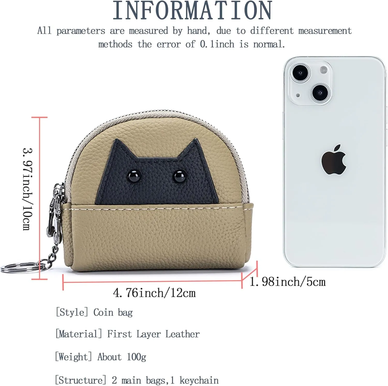 Women's Soft Leather Mini Coin Purse with KeyChain, Cute Cat Face Coin Pouch with Zipper for Women Fashionable Wallet Leather Classic Money Bag(Khaki)