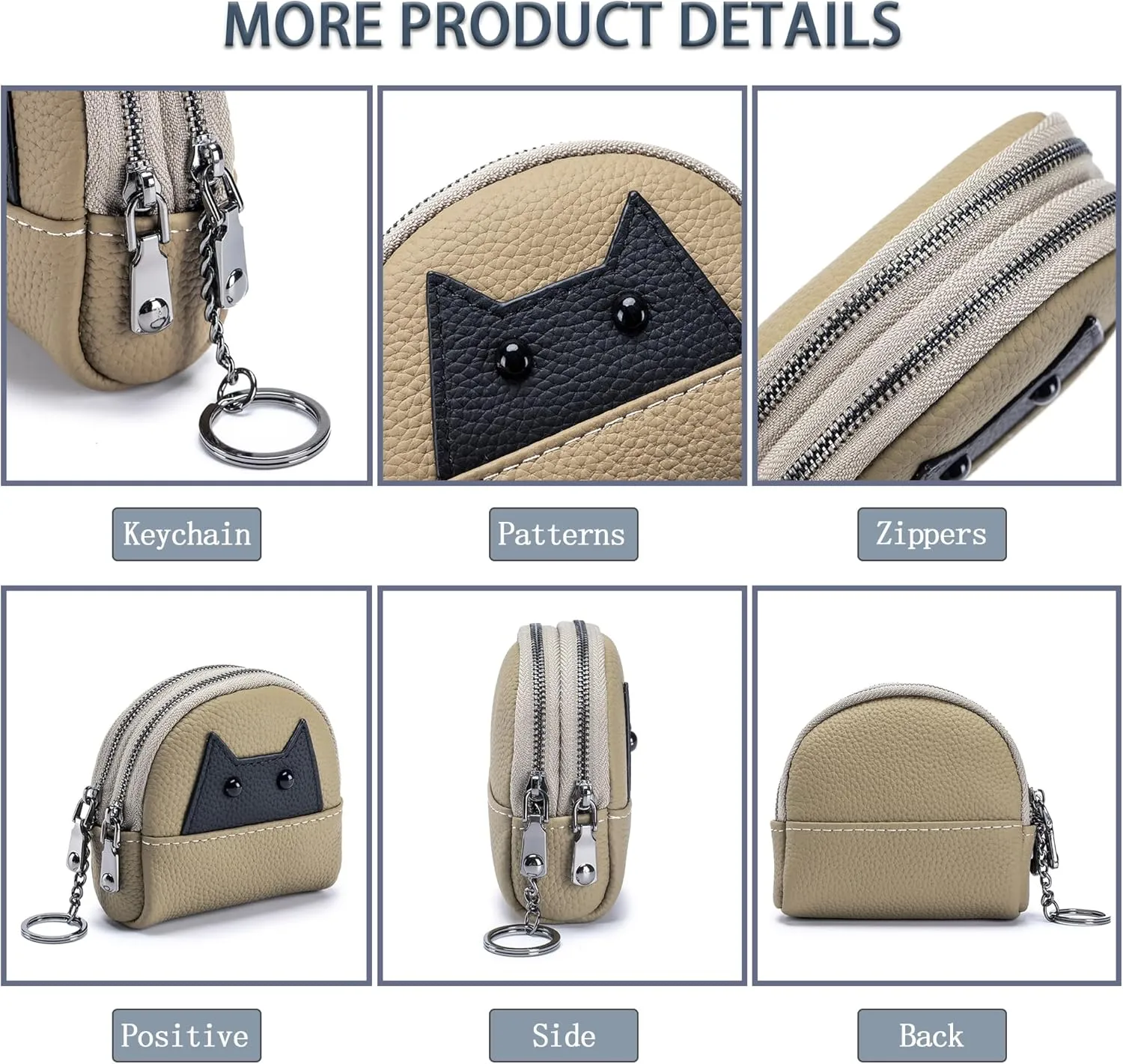 Women's Soft Leather Mini Coin Purse with KeyChain, Cute Cat Face Coin Pouch with Zipper for Women Fashionable Wallet Leather Classic Money Bag(Khaki)