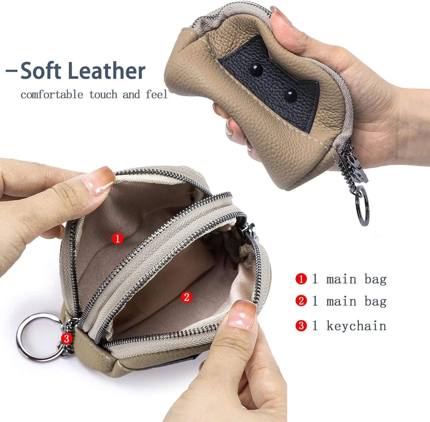 Women's Soft Leather Mini Coin Purse with KeyChain, Cute Cat Face Coin Pouch with Zipper for Women Fashionable Wallet Leather Classic Money Bag(Khaki)