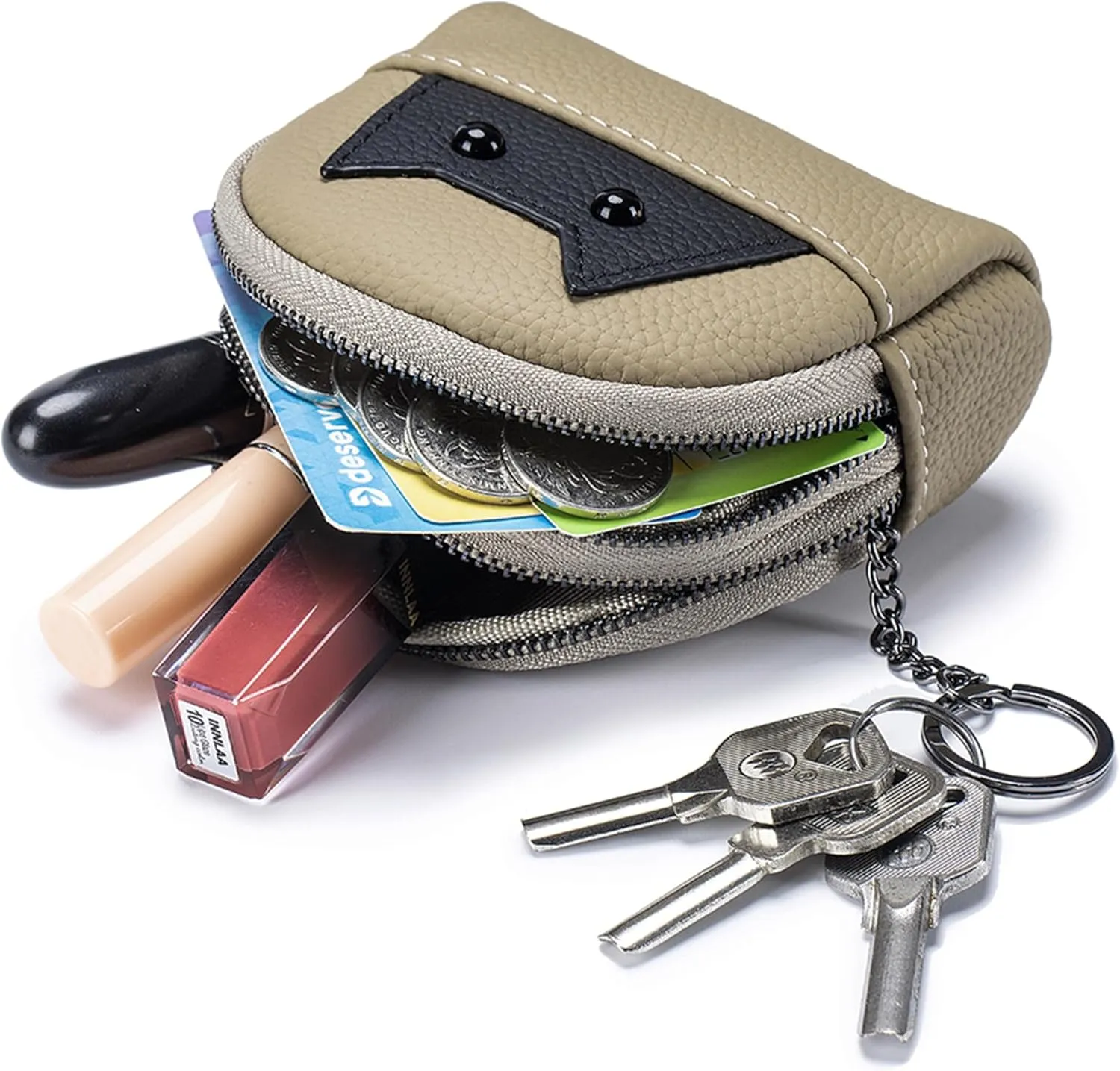 Women's Soft Leather Mini Coin Purse with KeyChain, Cute Cat Face Coin Pouch with Zipper for Women Fashionable Wallet Leather Classic Money Bag(Khaki)