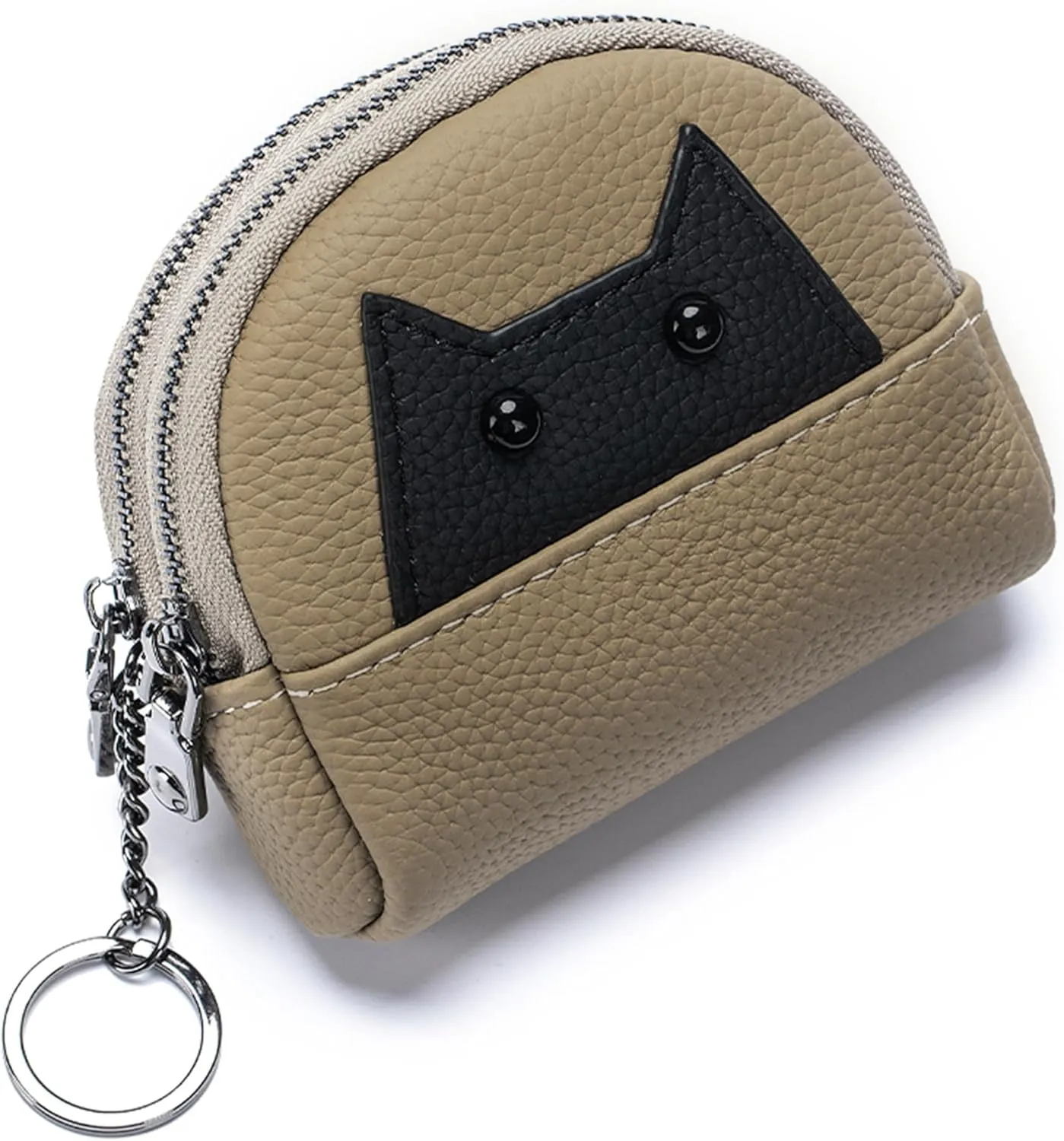Women's Soft Leather Mini Coin Purse with KeyChain, Cute Cat Face Coin Pouch with Zipper for Women Fashionable Wallet Leather Classic Money Bag(Khaki)