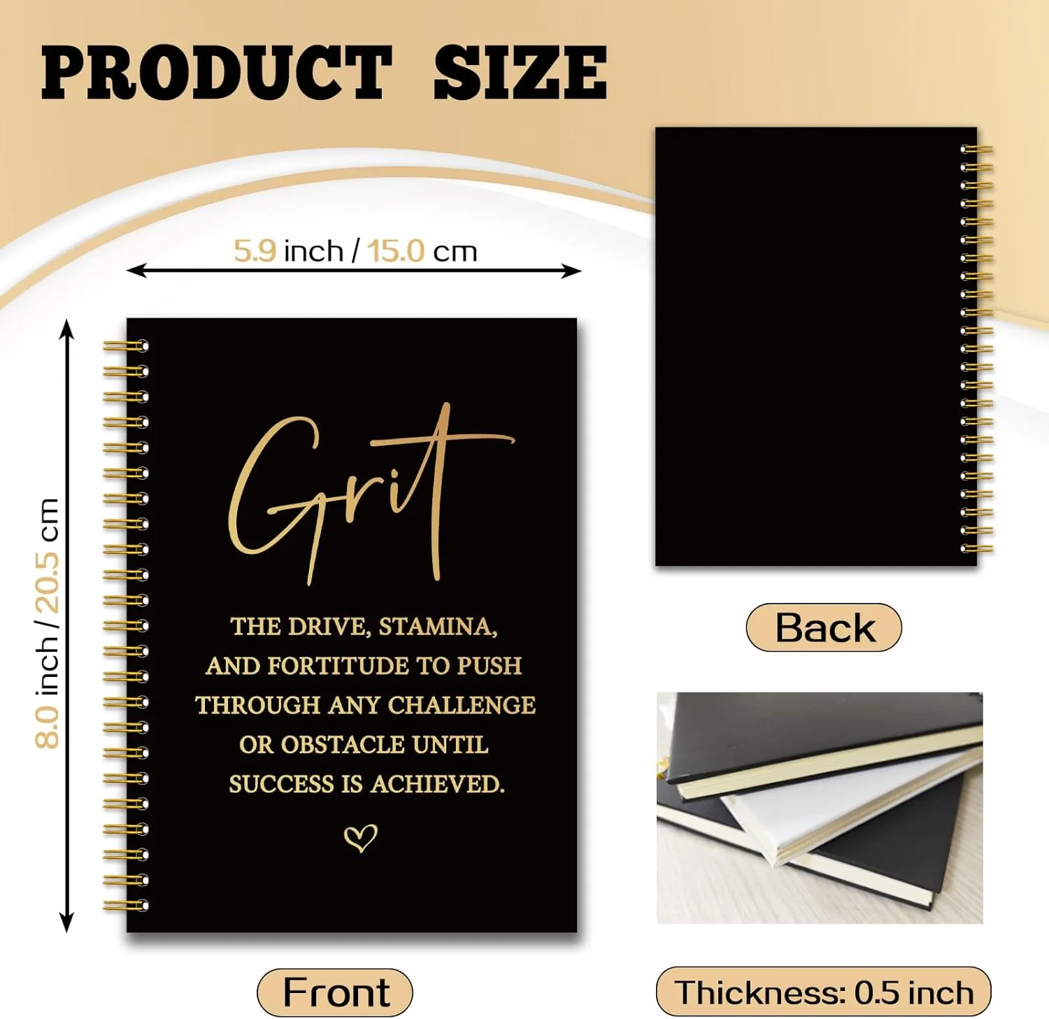 YAZMEEN Inspirational Black Gold Spiral Notebook（160 Pages） Grit Definition Blank Hardcover Notebook Office Journal Gift Funny Encouragement Gift for Women Men Employee Colleague Boss Office Worker