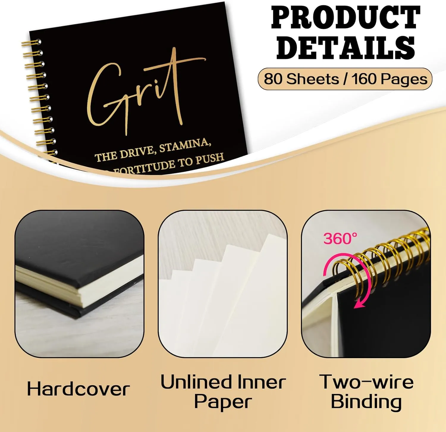 YAZMEEN Inspirational Black Gold Spiral Notebook（160 Pages） Grit Definition Blank Hardcover Notebook Office Journal Gift Funny Encouragement Gift for Women Men Employee Colleague Boss Office Worker