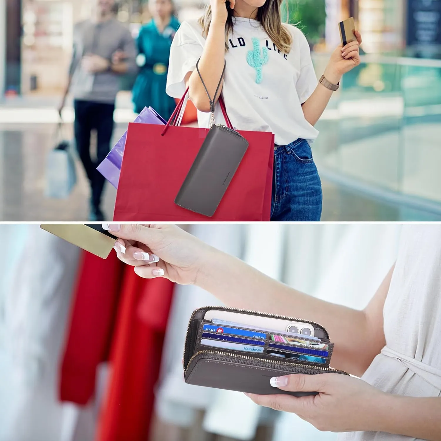 YOUBDM Womens Wallet RFID Large Capacity Zip Around Wallet PU Leather Credit Card Holder Clutch Wristlet Wallet Travel Purse, A-dark Grey, Casual