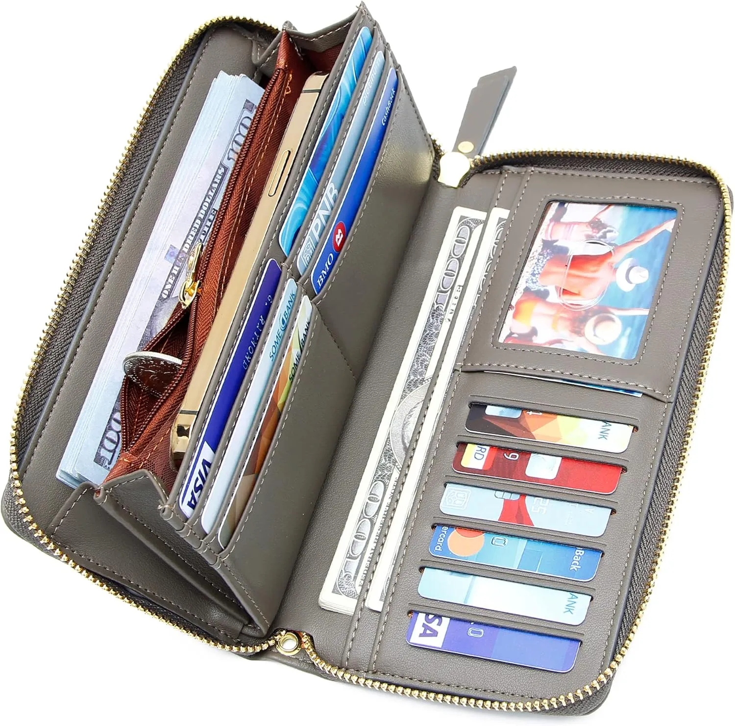 YOUBDM Womens Wallet RFID Large Capacity Zip Around Wallet PU Leather Credit Card Holder Clutch Wristlet Wallet Travel Purse, A-dark Grey, Casual