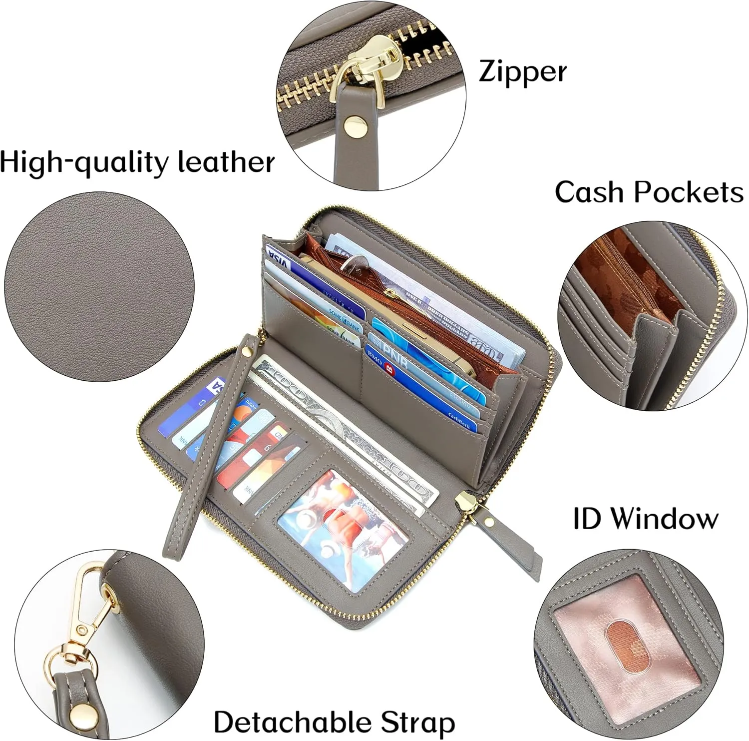 YOUBDM Womens Wallet RFID Large Capacity Zip Around Wallet PU Leather Credit Card Holder Clutch Wristlet Wallet Travel Purse, A-dark Grey, Casual